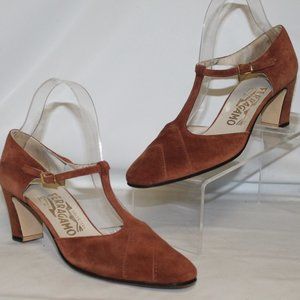 Salvatore Ferragamo Suede Leather T-Strap Heels Pumps Shoes
